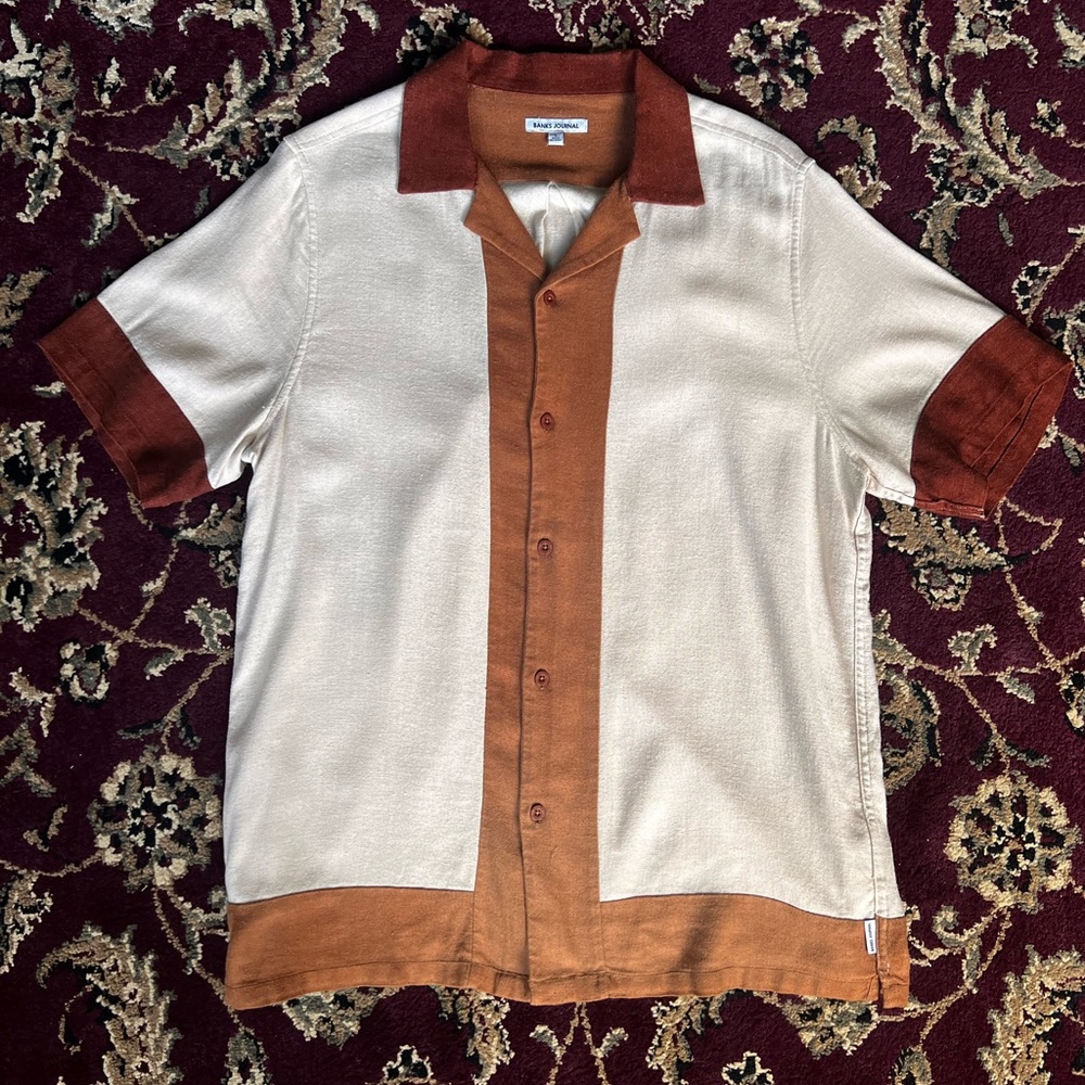 Vintage Style Men's Shirt in Cream and Brown Linen Blend size S